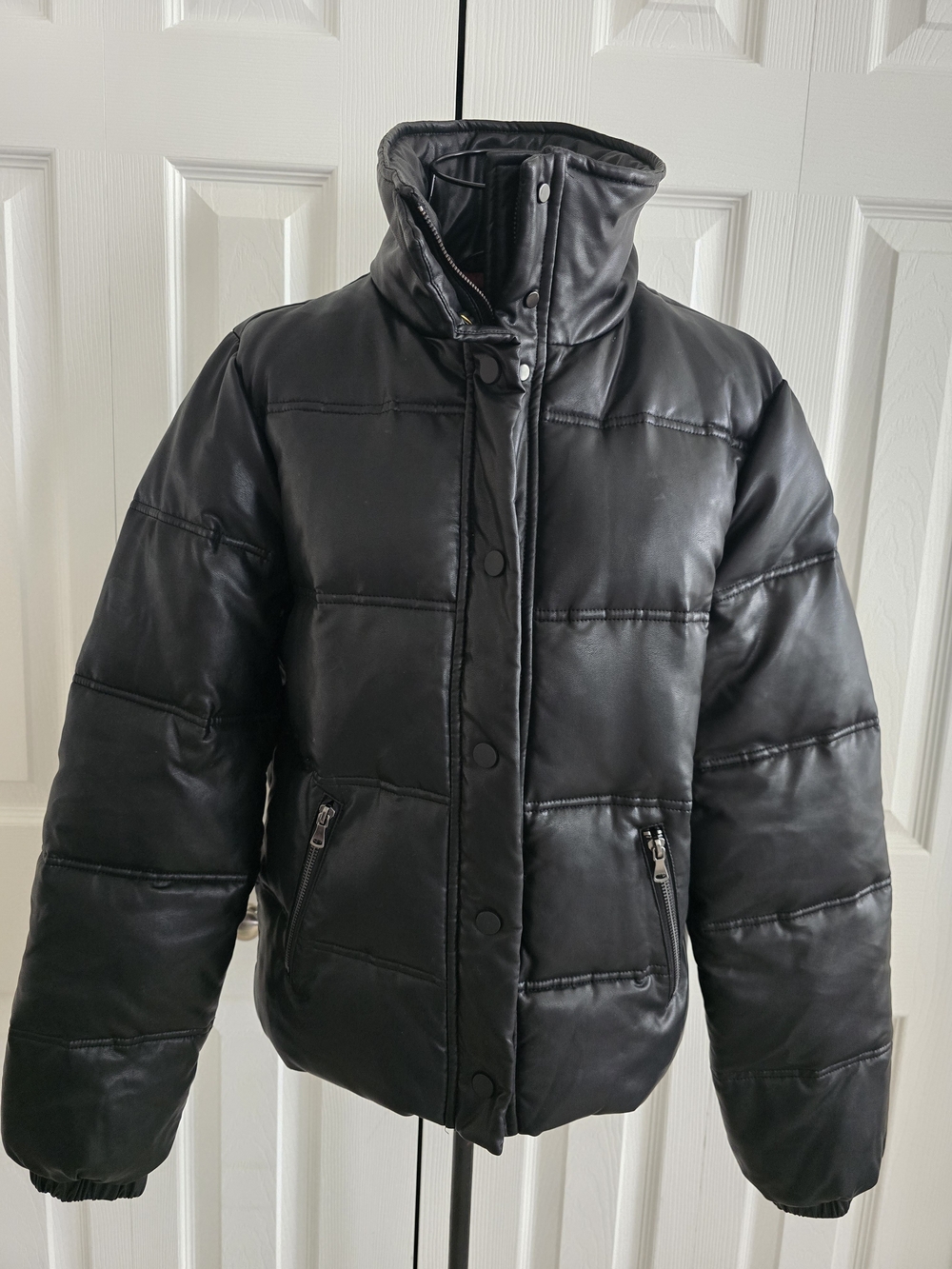 PAIGE Black Quilted Faux-Leather Puffer Jacket